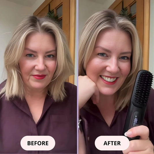 woman using GoBrush PRO hair straightener brush at home